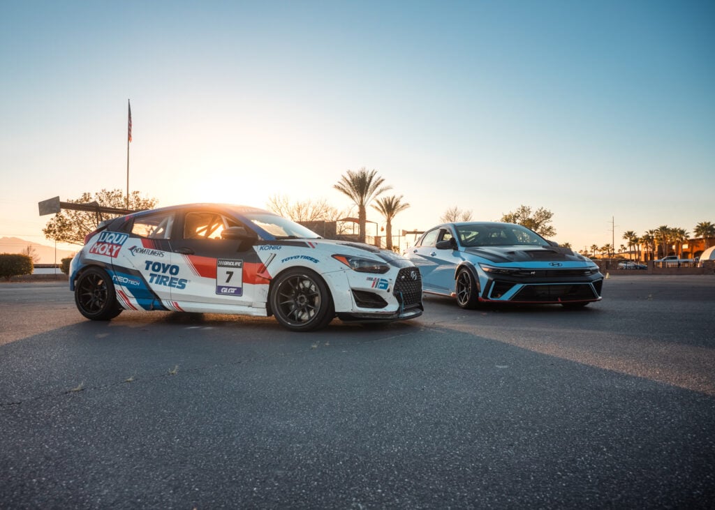 KDM Tuners Hyundai Elantra N and Veloster N race cars at sunset